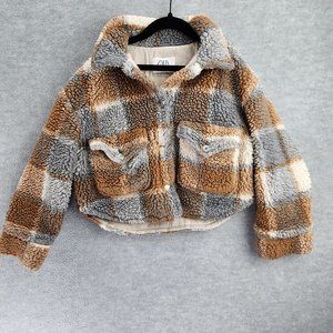 Zara Kids Jacket Baby Girls Size 8 - 9 Brown Plaid Fleece Sherpa Cozy Fall Fuzzy